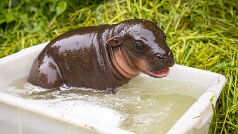 Anbaden bei Zwergflusspferd-Nachwuchs im Berliner Zoo